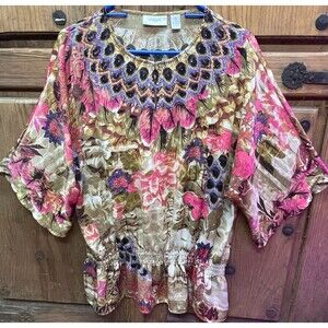 CHICO'S Asian floral & script beaded pull-over Y2K top 3